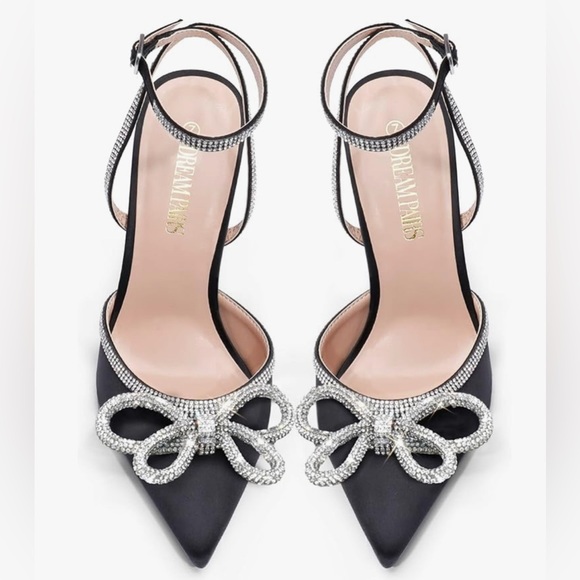 DREAM PAIRS black & rhinestone bow pointed toe ankle strap high heels - Picture 9 of 10